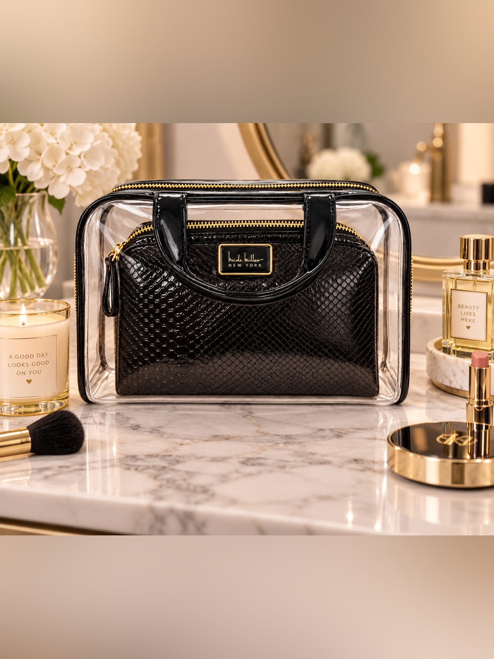 Nicole Miller Black and Gold Cosmetic Bag Set